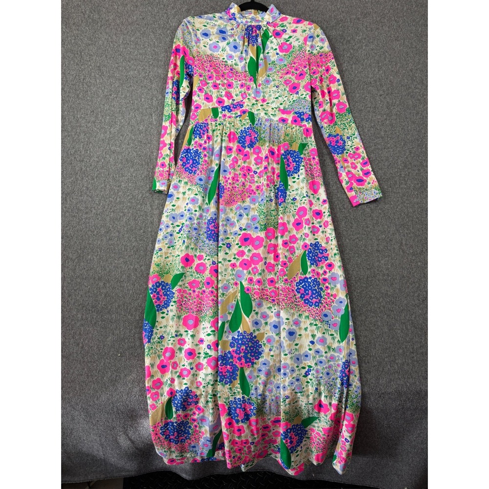 Vintage Floral‎ Mock Neck Maxi Dress Long Sleeve Psychedelic Pink Blue Size 8